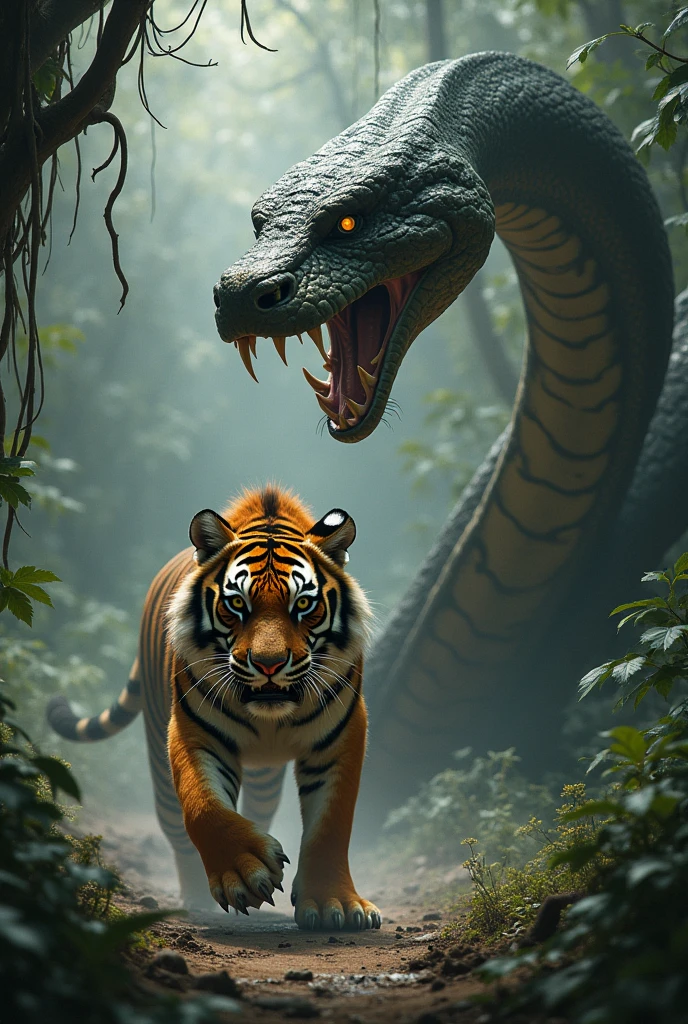 sick tiger; running away from a giant snake