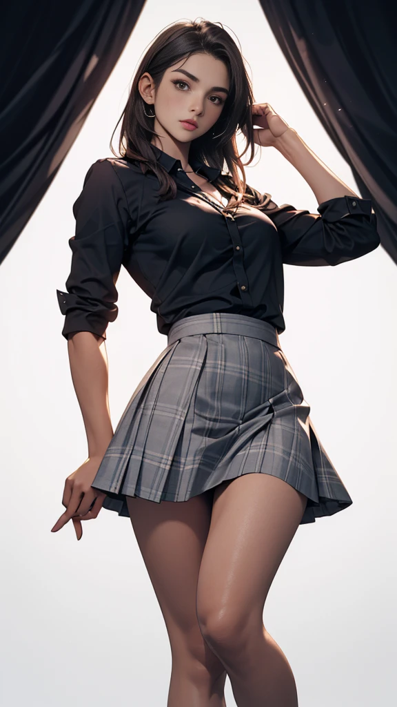 Simple color palettes, Woman 25 years old, elegant, clean, sharp designs, flowing silhouette, (Best Quality,artwork, 8k), (Dressed like a sexy schoolgirl), revealing outfit, short tight skirt, Checkered skirt design, Simple silhouettes, Minimalism, High quality materials, cool and urban print, 