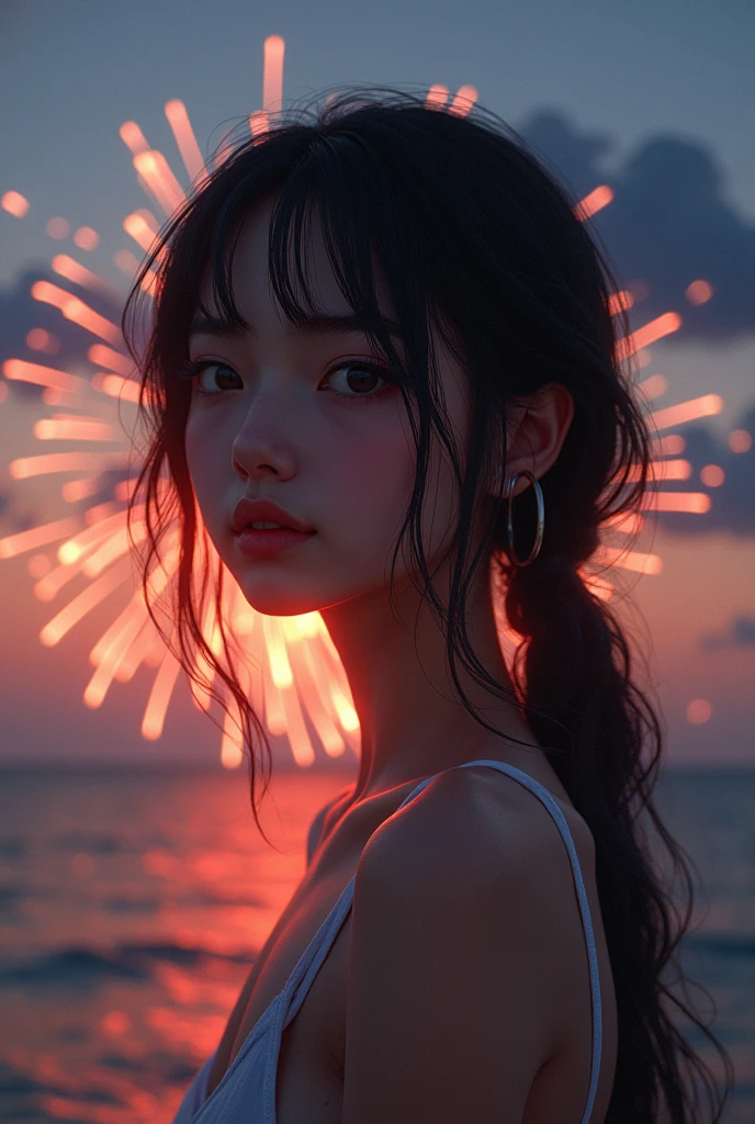 Japanese，Age 22，beautiful girl，Randomly generated people with diverse facial features and hairstyles，Perfect Anatomy,Ocean，Beach，firework，Night Sky，Launch firework， Ocean，Photoshoot
