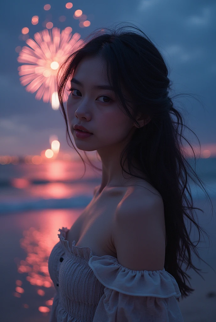 Japanese,Age 22,beautiful girl,Randomly generated people with diverse facial features and hairstyles,Perfect Anatomy,Ocean,Beach,firework,Night Sky,Launch firework, Ocean,Photoshoot