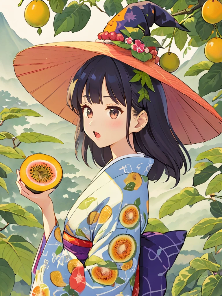 Japanese woman wearing kimono, witch, cartoon, holding passion fruit, Japanese environment background