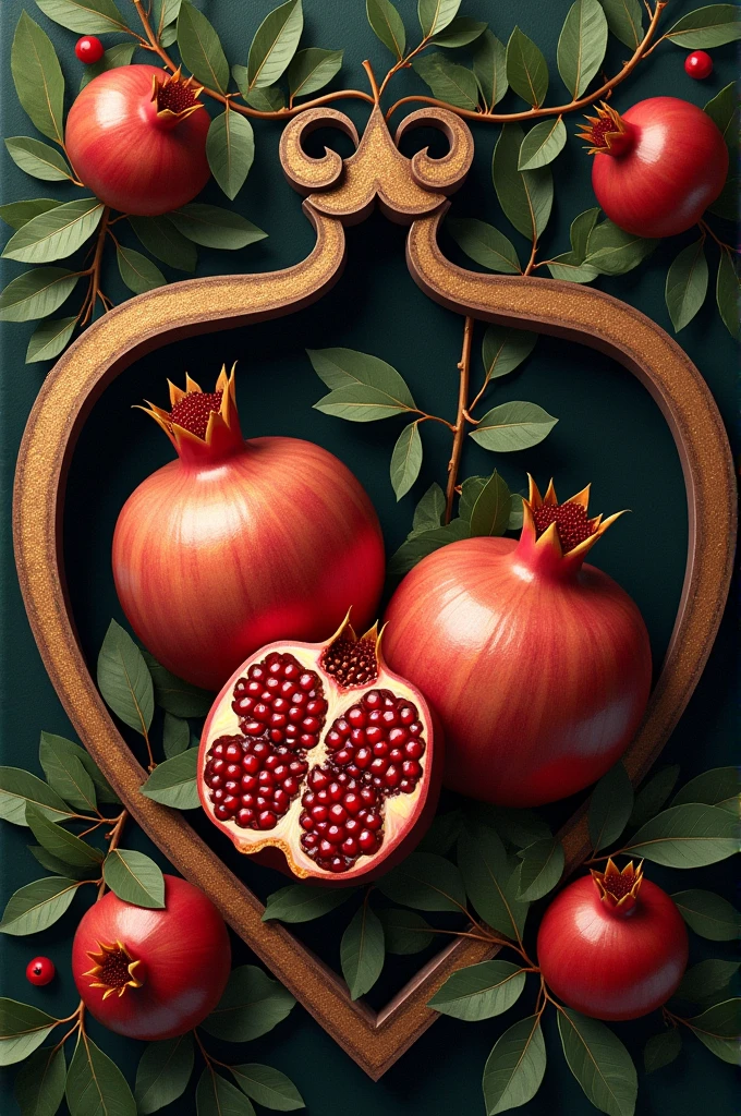 Wine bottle label with two pomegranate fruits, One whole and one open at the top with a pomegranate-shaped frame and a background with pomegranate bushes.