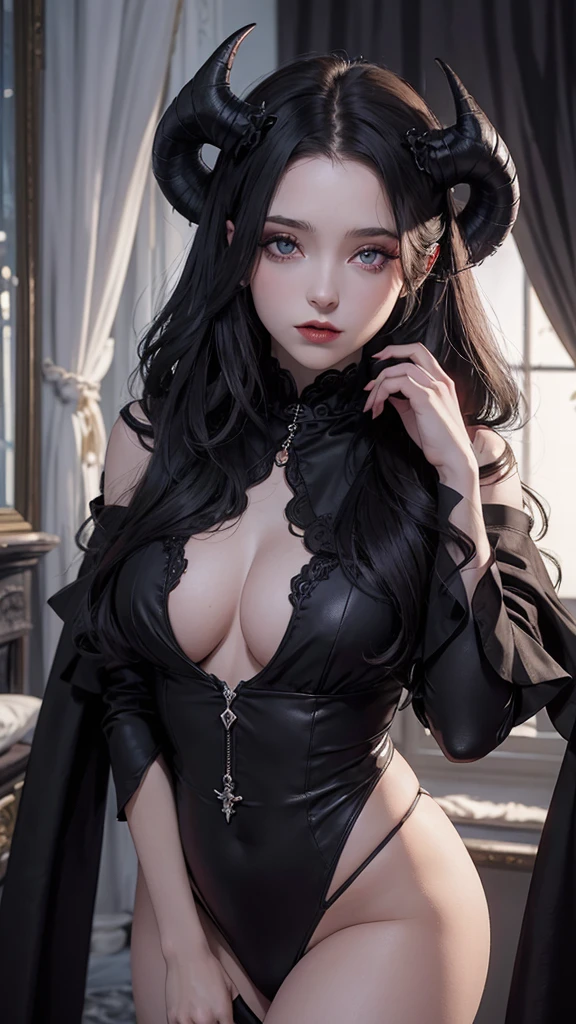Jeune femme perse vampire aux sclérales noires et aux iris et pupilles rouges vampirique. Elle a une longue chevelure noire, un teint pâle froid comme la mort, des petites cornes a l'avant de sa tête, des petites oreilles de chauves souris derrière ses cornes, des ailes de vampire. Elle est toute nue, à quatre pattes sur un lit. Elle a un gros cul et gros seins.
