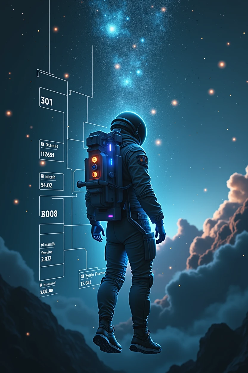 Spaceman,float,Cyberpunk style,Spaceman看K線,Bitcoin,Background of the vast universe,背景一堆Bitcoin,Data K line,BTC