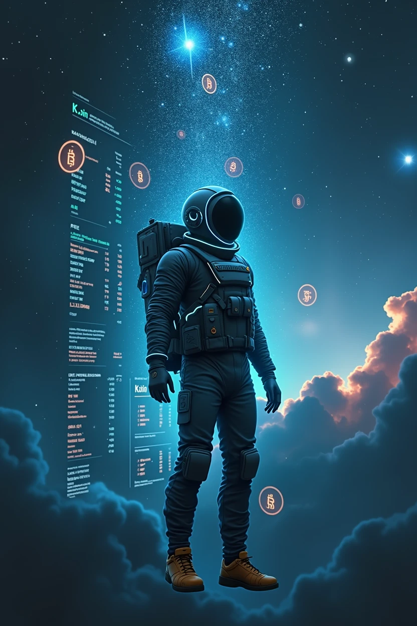 Spaceman,float,Cyberpunk style,Spaceman看K線,Bitcoin,Background of the vast universe,背景一堆Bitcoin,Data K line,BTC