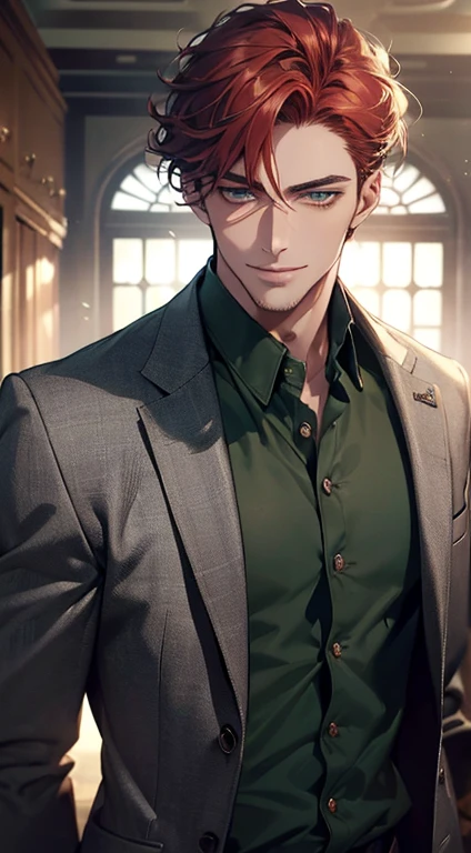 (best quality, masterpiece, 8K, photorealistic, cinematic lighting, hdr image, ultra detailed, beautiful image), a mature man, very handsome, smile, short grey red hair, green eyes, perfect face without errors, ((buttoning the jacket, CEO))