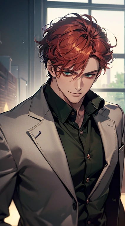 (best quality, masterpiece, 8K, photorealistic, cinematic lighting, hdr image, ultra detailed, beautiful image), a mature man, very handsome, smile, short grey red hair, green eyes, perfect face without errors, ((buttoning the jacket, CEO))