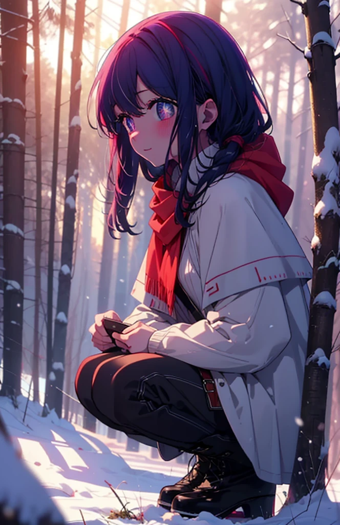 aihoshino, Ai Hoshino, Long Hair, bangs, (Purple eyes:1.1), Purple Hair, (Symbol-shaped pupil:1.5), smile,,smile,blush,white breath,
Open your mouth,snow,Ground bonfire, Outdoor, boots, snowing, From the side, wood, suitcase, Cape, Blurred, , forest, White handbag, nature, Squat, Mouth closed, Cape, winter, Written boundary depth, Black shoes, red Cape break looking at viewer, Upper Body, whole body, break Outdoor, forest, nature, break (masterpiece:1.2), Highest quality, High resolution, unity 8k wallpaper, (shape:0.8), (Beautiful and beautiful eyes:1.6), Highly detailed face, Perfect lighting, Extremely detailed CG, (Perfect hands, Perfect Anatomy),