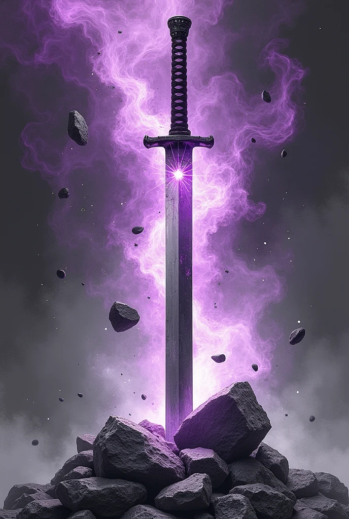 Creates a gravity katana with stones with purple auras around the blade showing the sword as if it were a 360 view of the katana ( creates the image as if it were a black and white anime manga page, and place the stones around the blade , the flying stones) black andwhite, e a aura envolta da lamina e the flying stones

