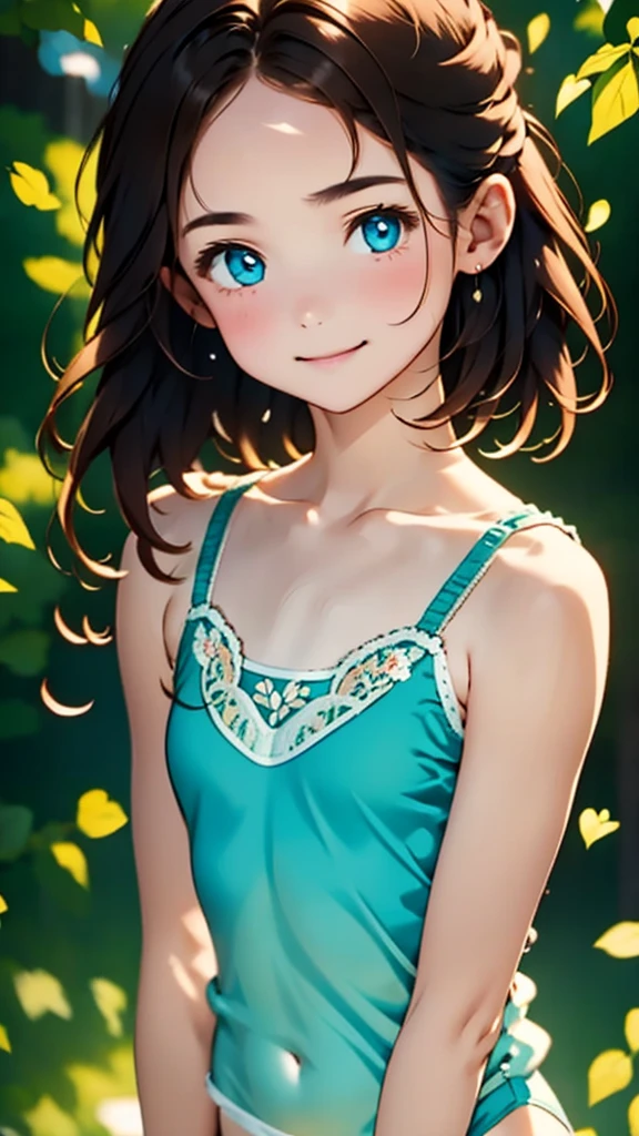 one girl, smiling girl, pretty girl, brown hair, , young, delicate girl, upper body, small breasts, unrealistic precision, super detailed, camisole, completely flat, honesty, thin arms, professional lighting, film grain, chromatic aberration, (eye and face details:1.0), (bokeh:1.1), school swimwear, software, highest quality, 8k, 14 years