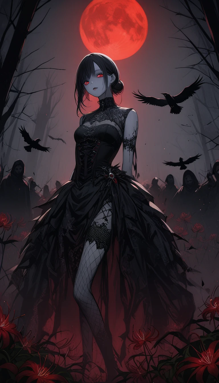 （Dark and scary atmosphere,Gothic Fashion,Dark colors）,（Highest quality，Super exquisite item）,Very sexy vampire girl,A large number of red spider lilies in full bloom on a red full moon night,Beautiful and delicate eyes,Beautiful black straight ponytail,Crow's feathers,Pale skin,Fishnet tights,A black and white lace dress with a small amount of fabric,The moonlight illuminates her silhouette,A fantastic background created by darkness and moonlight,She is a tall girl who looks like an adult.,A crow is flying,Crow's feathersが舞う,Are standing,Deep foggy forest behind,（Courtesy）,((The shadows of several hanged bodies in the forest behind)),A flock of crows swarming around a corpse,