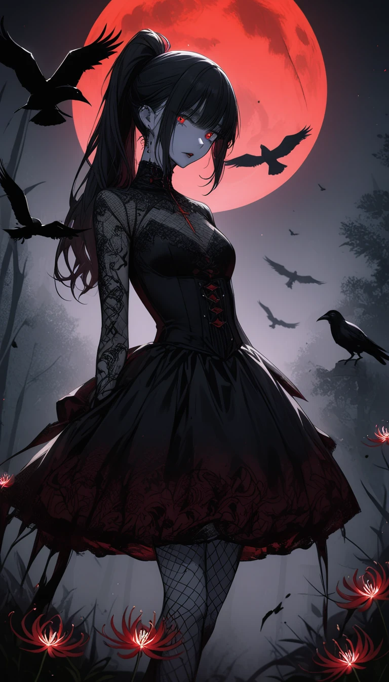 （Dark and scary atmosphere,Gothic Fashion,Dark colors）,（Highest quality，Super exquisite item）,Very sexy vampire girl,A large number of red spider lilies in full bloom on a red full moon night,Beautiful and delicate eyes,Beautiful black straight ponytail,Crow's feathers,Pale skin,Fishnet tights,A black and white lace dress with a small amount of fabric,The moonlight illuminates her silhouette,A fantastic background created by darkness and moonlight,She is a tall girl who looks like an adult.,A crow is flying,Crow's feathersが舞う,Are standing,Deep foggy forest behind,（Courtesy）,((The shadows of several hanged bodies in the forest behind)),A flock of crows swarming around a corpse,