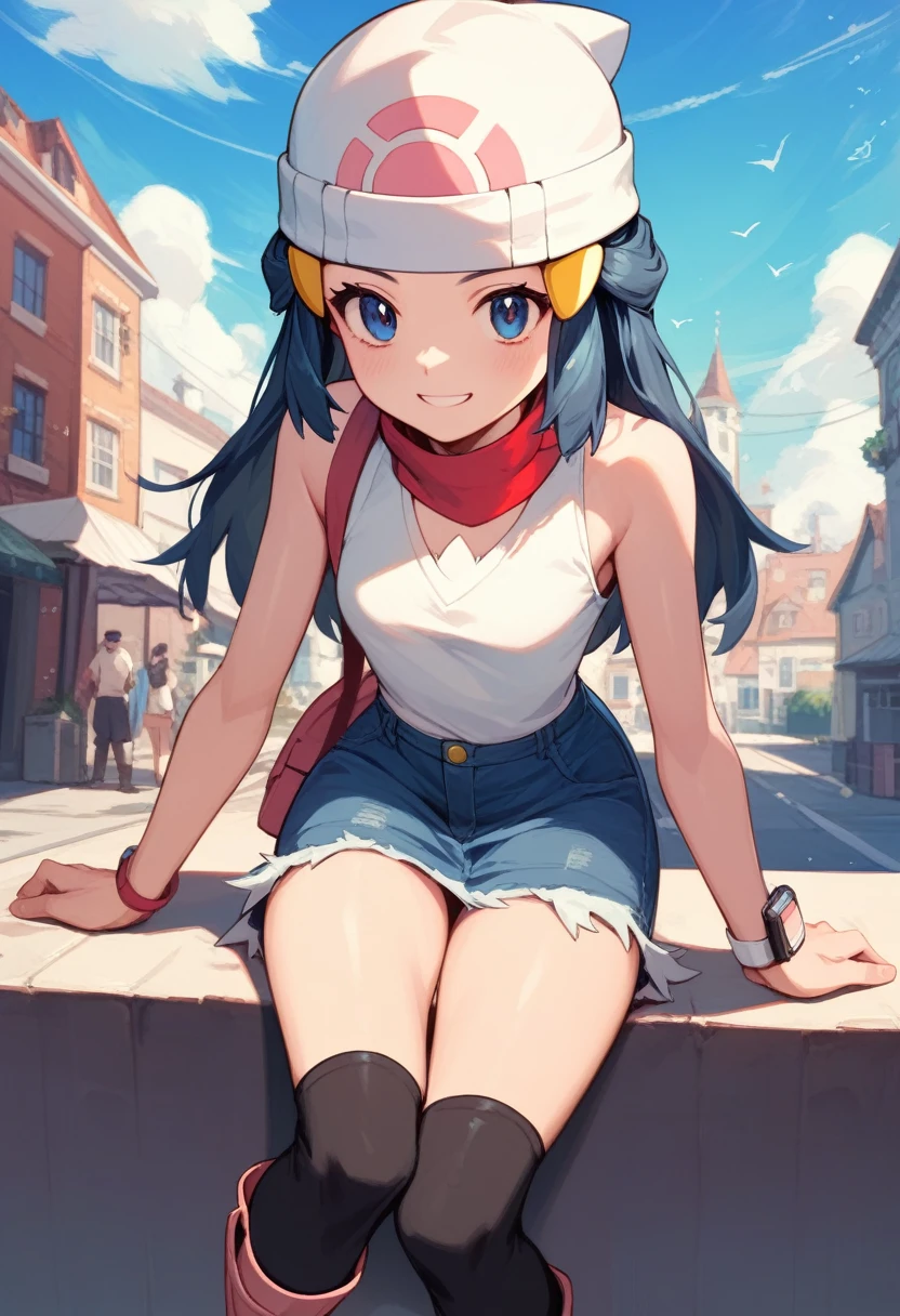 masterpiece, Best Quality, 1 girl, dawn \(Pokémon\), cap, by the wide, For the blue, blue eyes, white sleeveless turtleneck top, Denim skirt, black boots, smile, looking at the viewer, town background,sexy