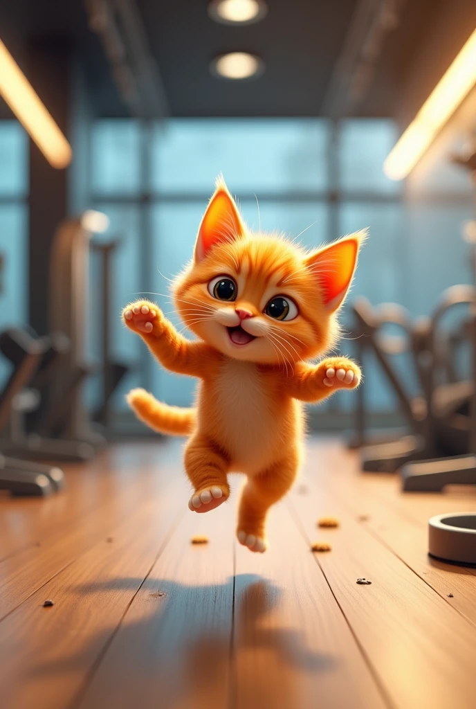 An orange kitten at the gym doing exercises