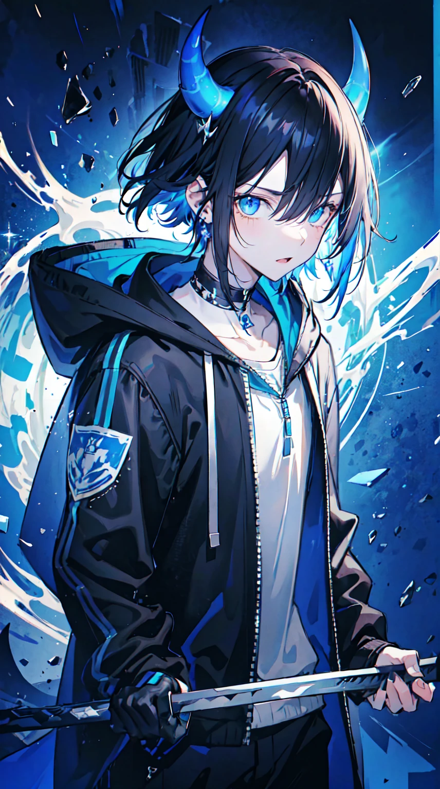 1 person, best quality, masterpiece, 1 , scruffy black hair, bangs, Blue eyes, long earrings, black hoodie, blue demon horns, blue katana, at the back, moon, dark night, looking at viewer, upper body.