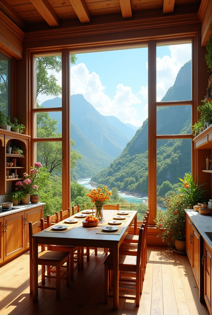 A kitchen with a huge window overlooking mountains with nature, flowers and a river . The kitchen seen from the inside out has to be very cozy, with lots of wooden furniture, very wide, It has to be larger, more romantic, with a bigger window, a table and a fireplace, and the view has to be wider, not with the mountains so high up, and with more vegetation and flowers both inside and outside.