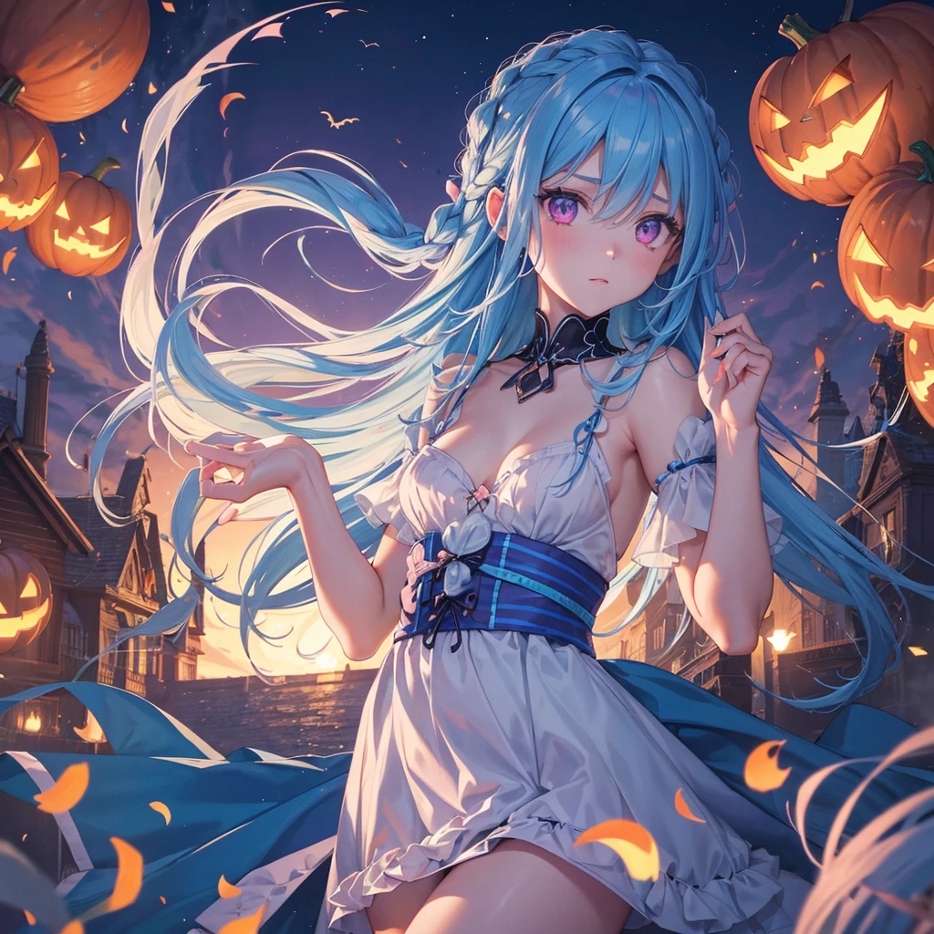 (Sky Blue Hair),(Braided medium hair), (Pink Eyes),Fair skin) ,(whole body),(One Girl),(Crescent Moon),(There are many pumpkin ghosts in the background),(Trick or Treat),Halloween Night Party),(masterpiece, Highest quality, Very detailed, Best Shadow), (Detailed Background), (Beautifully detailed face), High Contrast, (Best lighting, Very delicate and beautiful), ((Cinematic Light)), Hyper Detail,8k, Dramatic Light, Intricate details,Witch's Clothes,Magic broom,night,Flying bats in the sky,