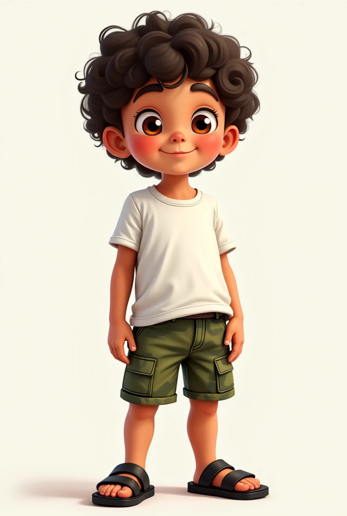 4 year old Latino boy. fluffly, shy smile, bonitas. has brown eyes. Wears a white short-sleeved t-shirt, green shorts with military print and, On the feet, wear black men&#39;s sandals (A sandal strap over the toes, a sandal strap over the instep and a sandal strap going behind your foot)