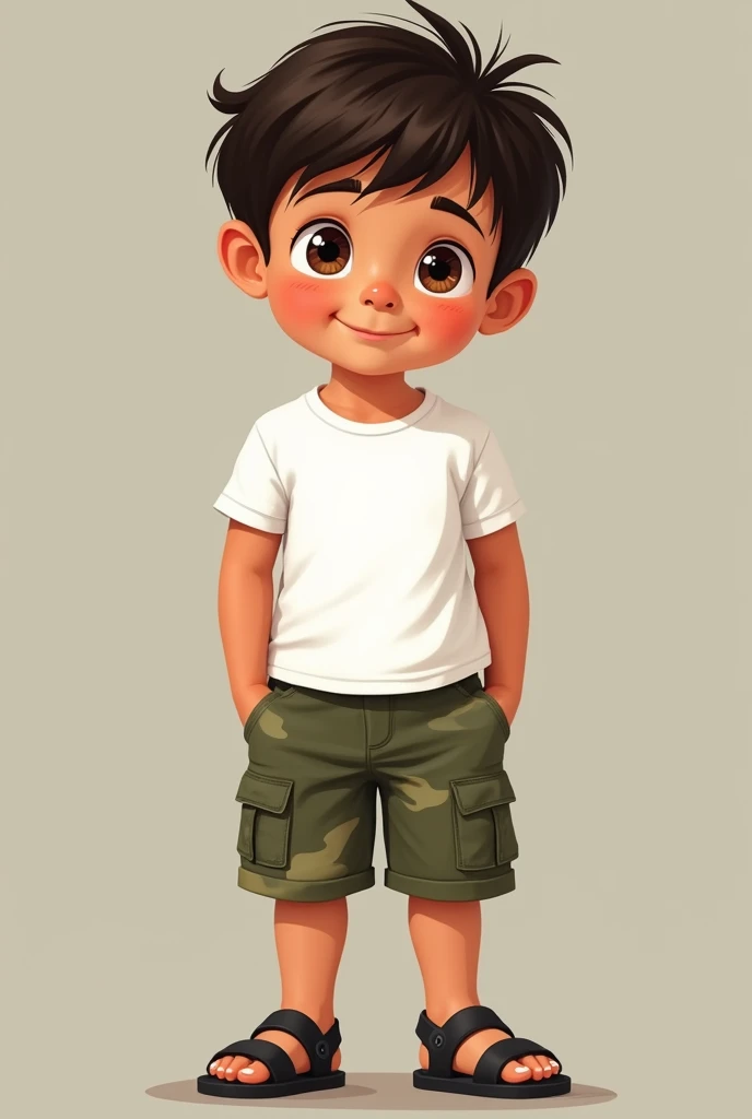 4 year old Latino boy. fluffly, shy smile, bonitas. has brown eyes. Wears a white short-sleeved t-shirt, green shorts with military print and, On the feet, wear black men's sandals (A sandal strap over the toes, a sandal strap over the instep and a sandal strap going behind your foot)