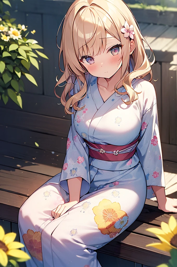 (Masterpiece, Top quality:1.5), nsfw, (from front, from above:1.2), 1 beautiful girl, solo, sitting, Blonde, medium Hair, wavy Hair, asymmetry bangs, swept bangs, airy hair, (medium breasts:1.1), 16 year old, (flower printed yukata :1.3), shy:1.1, (blush:1.4), beautiful scene of outdoor, beautiful scene of narrow alley, magnificent panorama view, blurry background, firework