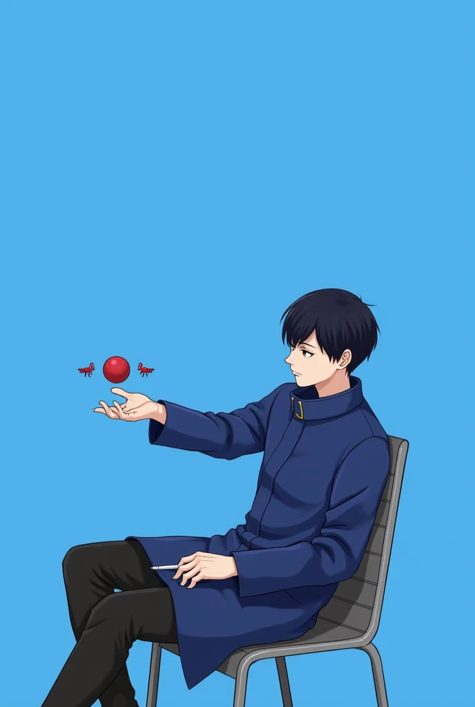18 age Cut to blue chair sitting on right leg left leg blue coat white pen
The right hand holds a red ball
Looking at the camera, straight ahead
After full pants
Red guys will be on one finger of the left hand