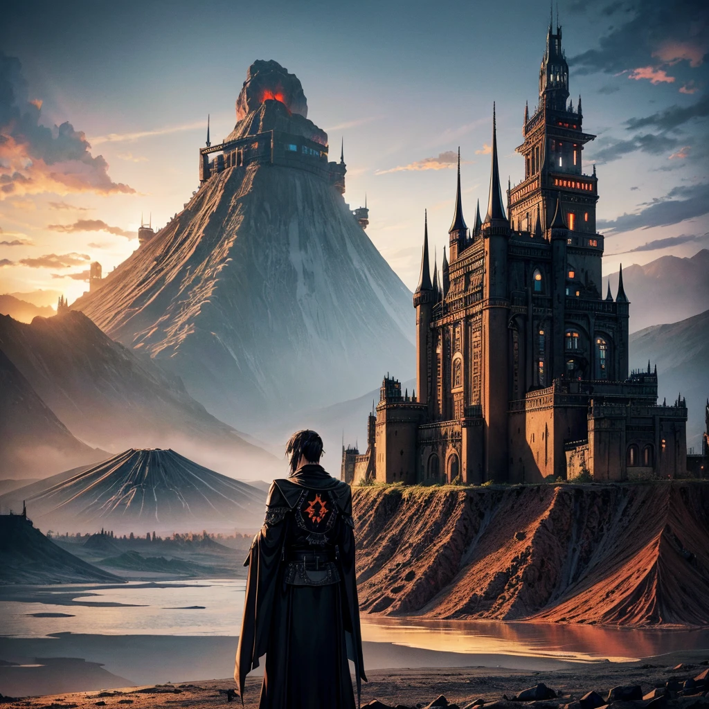 Large castle made of black metal with dieselpunk style and with a combined style of Japanese and German located on a volcano and around the volcano there is a view of a black city with dieselpunk style where royalty is located and with a background of volcanic magma land