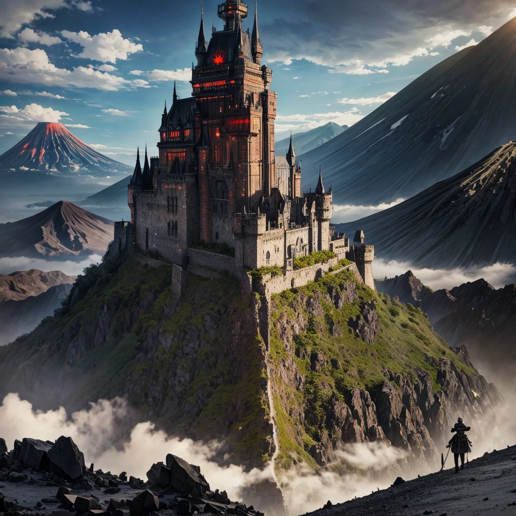 Large castle made of black metal with dieselpunk style and with a combined style of Japanese and German located on a volcano and around the volcano there is a view of a black city with dieselpunk style where royalty is located and with a background of volcanic magma land