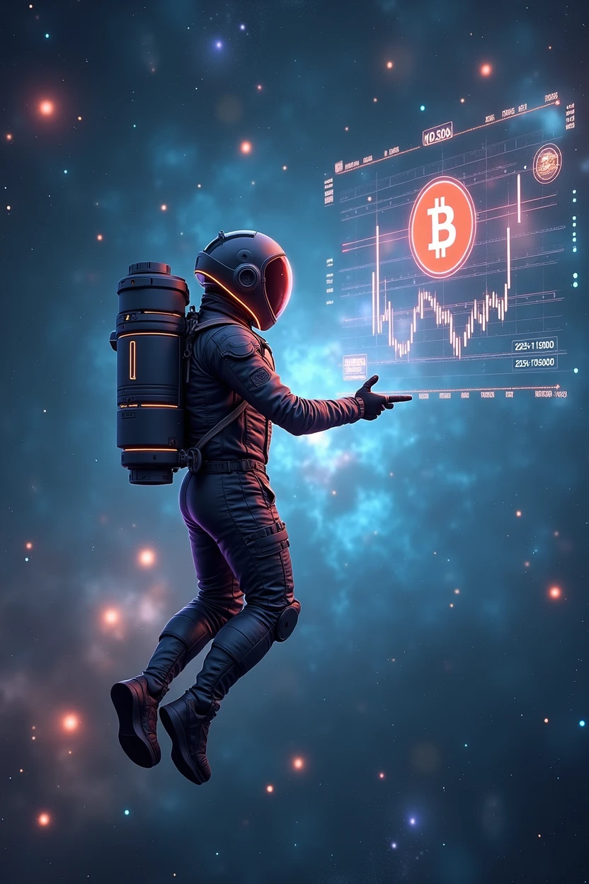 Spaceman,float,Cyberpunk style,Spaceman看K線,Bitcoin,Background of the vast universe,背景有Bitcoin,Data K line,BTC