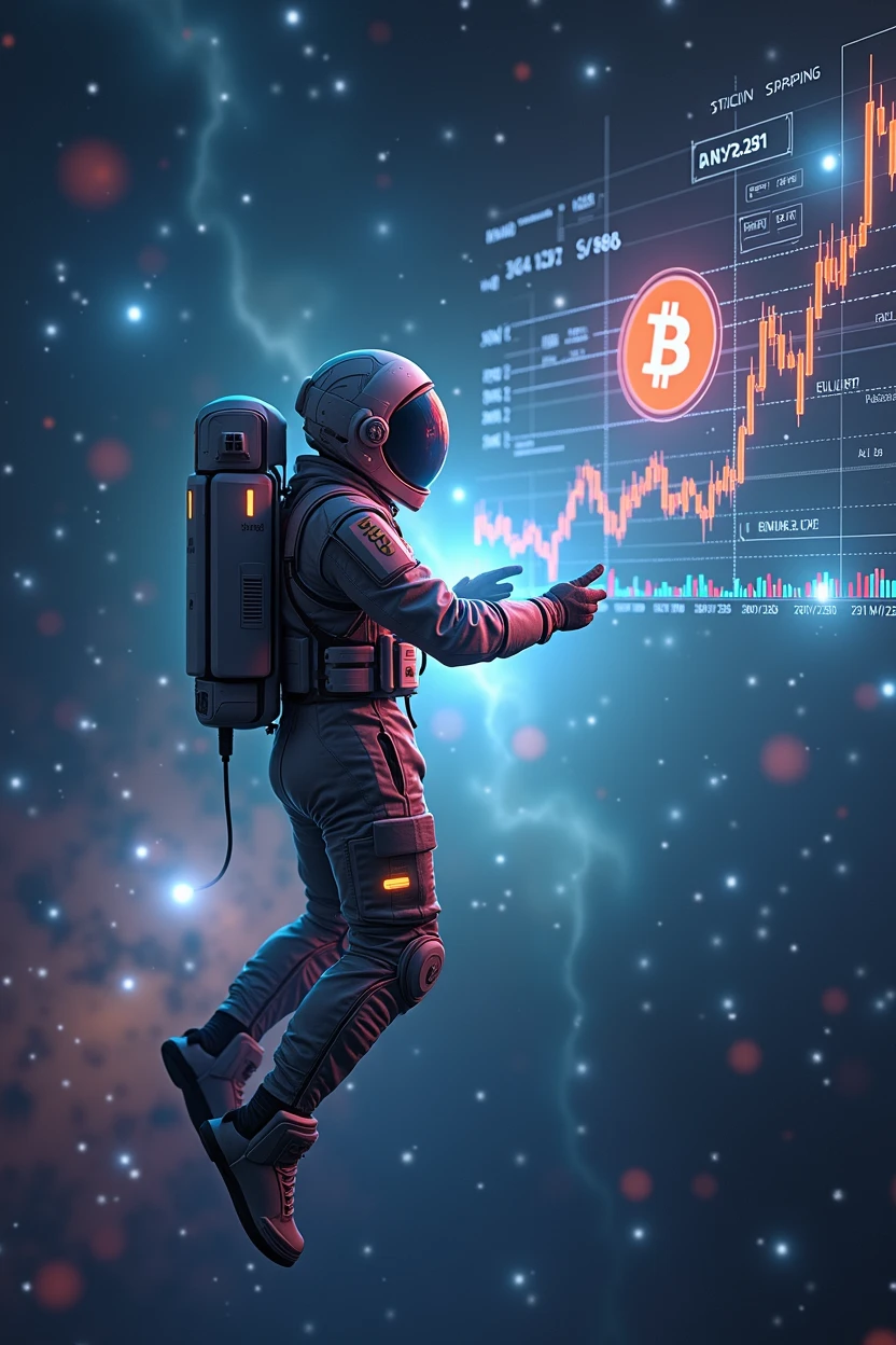 Spaceman,float,Cyberpunk style,Spaceman看K線,Bitcoin,Background of the vast universe,背景有Bitcoin,Data K line,BTC