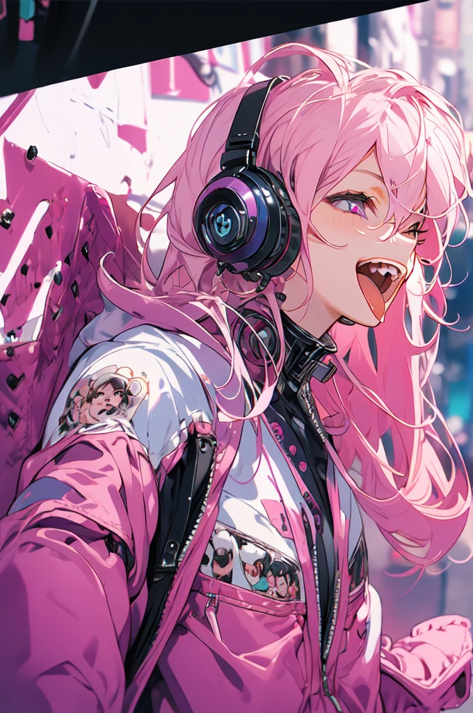High resolution, Highest quality,(2.0)One girl, Pink Hair,Purple Jacket,Sticking out tongue,Headphones,