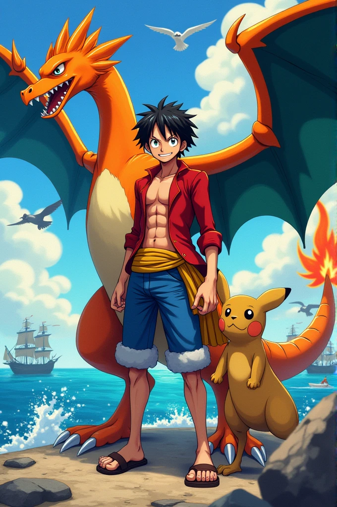 Ace from one piece with a Charizard from pokemon. estilo one piece