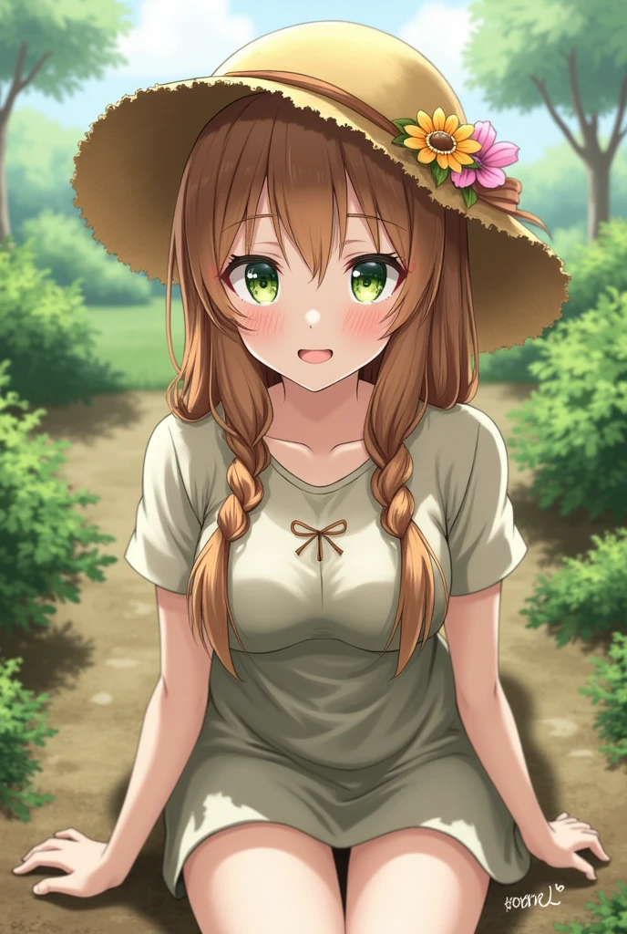 BREAK, rating_safe, zy_mirabel, 1girl, long hair, hat, flower, braid, freckles, hat flower, twin braids, large breasts, green eyes, sit, garden, realistic, photo, real hair, detailed skin, highly detailed, detailed skin, depth of field, film grain,animation,
