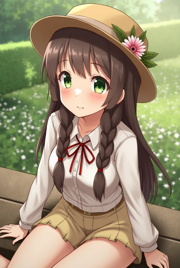 BREAK, rating_safe, zy_mirabel, 1girl, long hair, hat, flower, braid, freckles, hat flower, twin braids, large breasts, green eyes, sit, garden, realistic, photo, real hair, detailed skin, highly detailed, detailed skin, depth of field, film grain,animation,