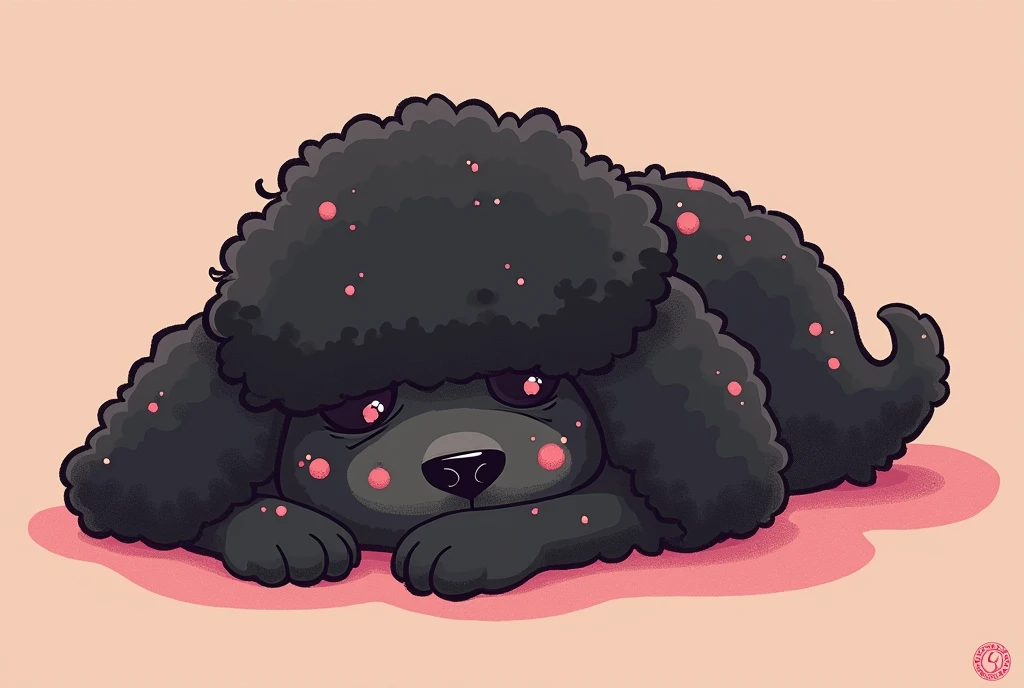 A black toy poodle with freckles、An illustration of a woman with pink hair sleeping