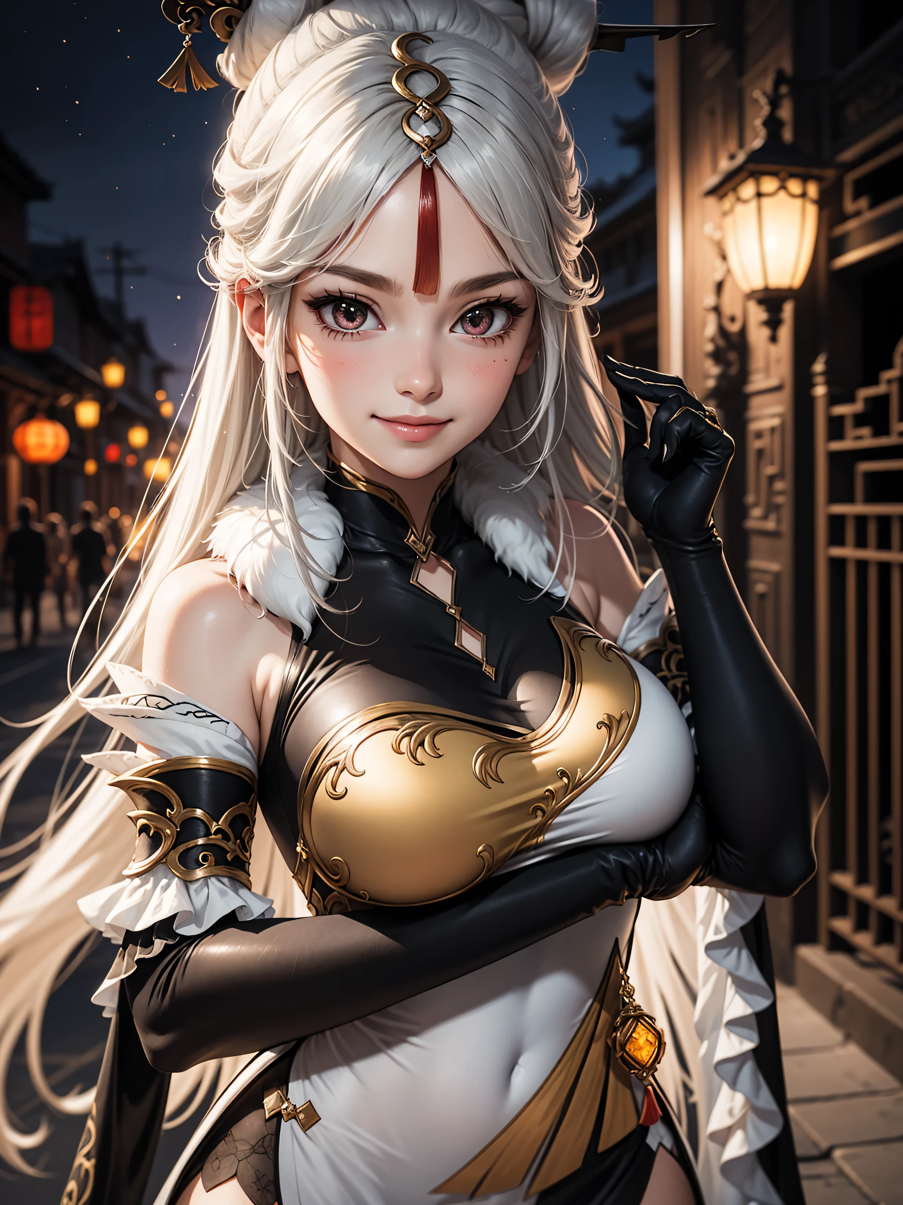 Masterpiece, high quality, 8k,detailed body, ultra detailed, detailed face, standing, blush, bright eye, outdoors, (detail face), ningguangdef, (gigantic breasts),(night), half body, smile,