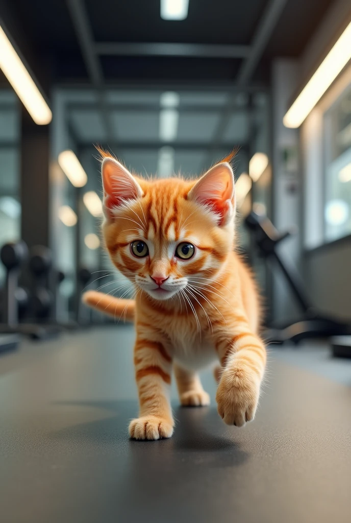 An orange kitten at the gym doing exercises
