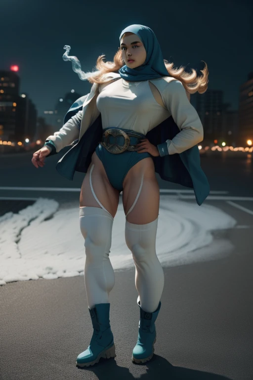 1 malay girl, solo,long big hijab, blue eyes, medium hijab, superhero, blue and white leotard, leggings, boots, hands on hip, top of building, very windy, city background, bokeh, nighttime, high quality, ultra detail, 8k, action pose, cinematic lighting, lot of smoke effect, dramatic action, fighting pose, style raw, 50mm lense, handheld shot camera angle, High Contrast cinematography effect, Natural Lighting, pastel color grading, hyper-detail photo,