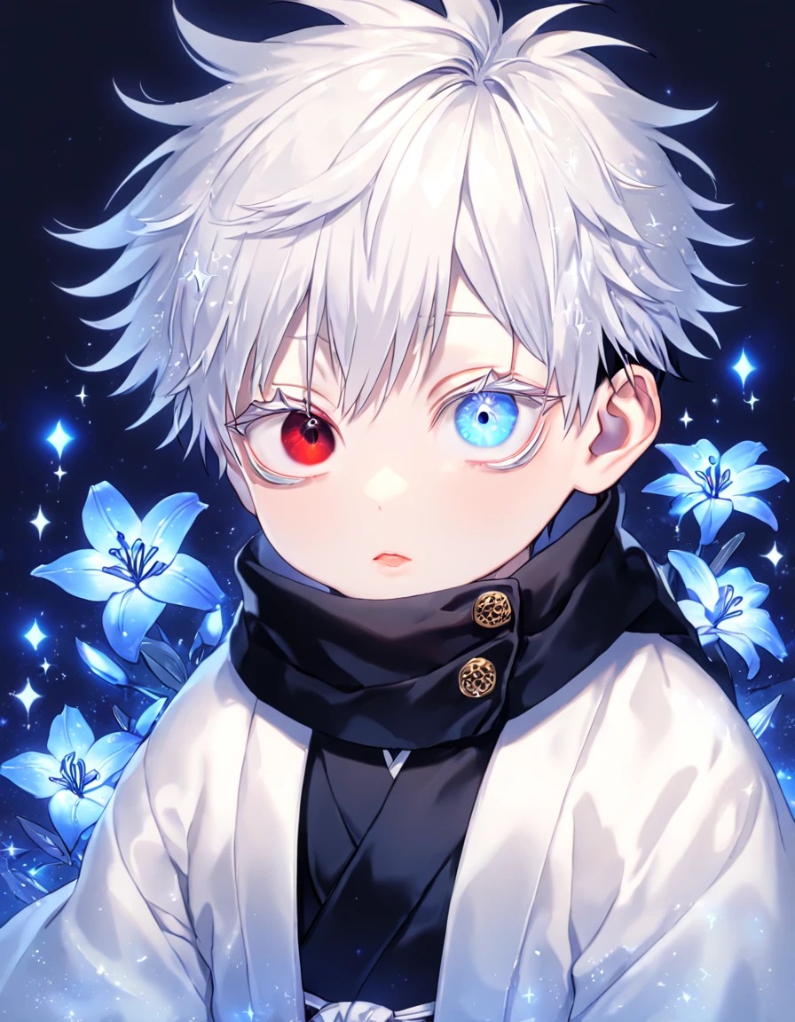 absurdres, highres, ultra detailed, HDR, master piece, best quality, extremely detailed face, delicated features, Gojou Satoru as a ???, boy, solo, cute, he has two different hair colour, bicolored hair, right half black hair, left half white hair, heterochromia, right eye red, left eye blue, white eyelashes, Jujutsu Kaisen, black scarf, white haori, black kimono, blue petals, blue lilies, blue moon, blue fireflies, blue background, shining, sparkling, magical