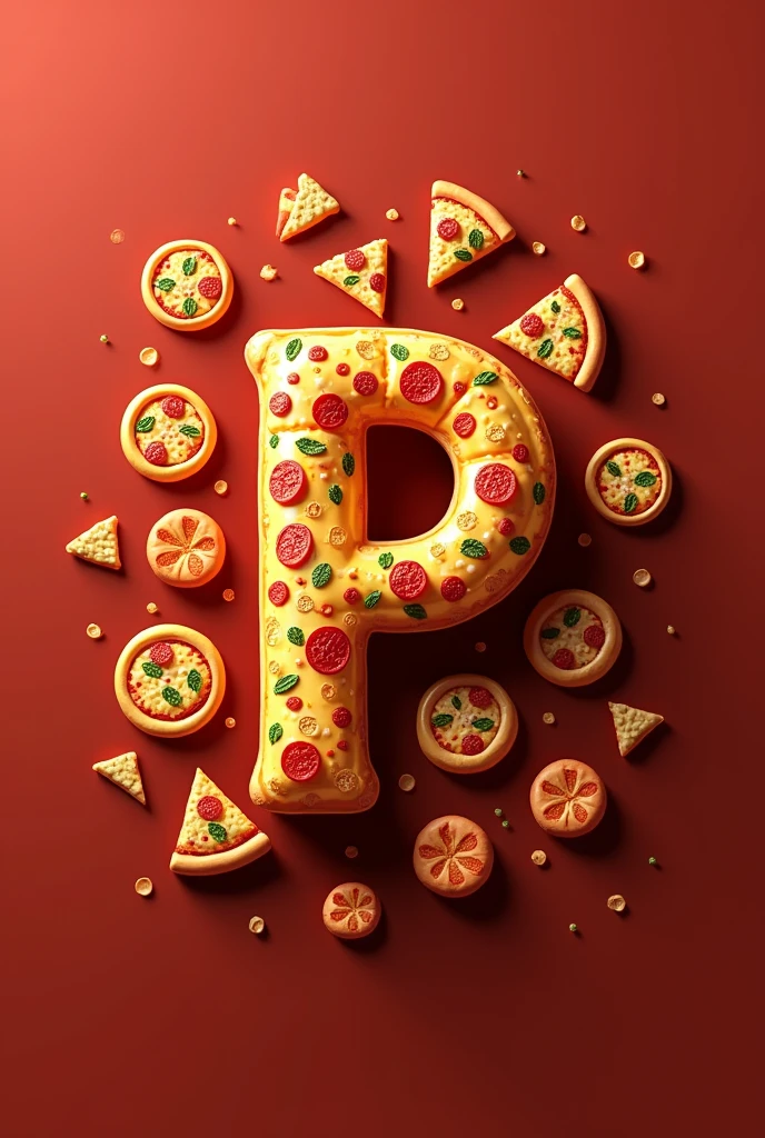 Create a LOGO with the initial P with the PIZZA theme, And in the background of the image, place mini pizzas to create contrast. And the letter P is made with a pizza or inside a pizza 