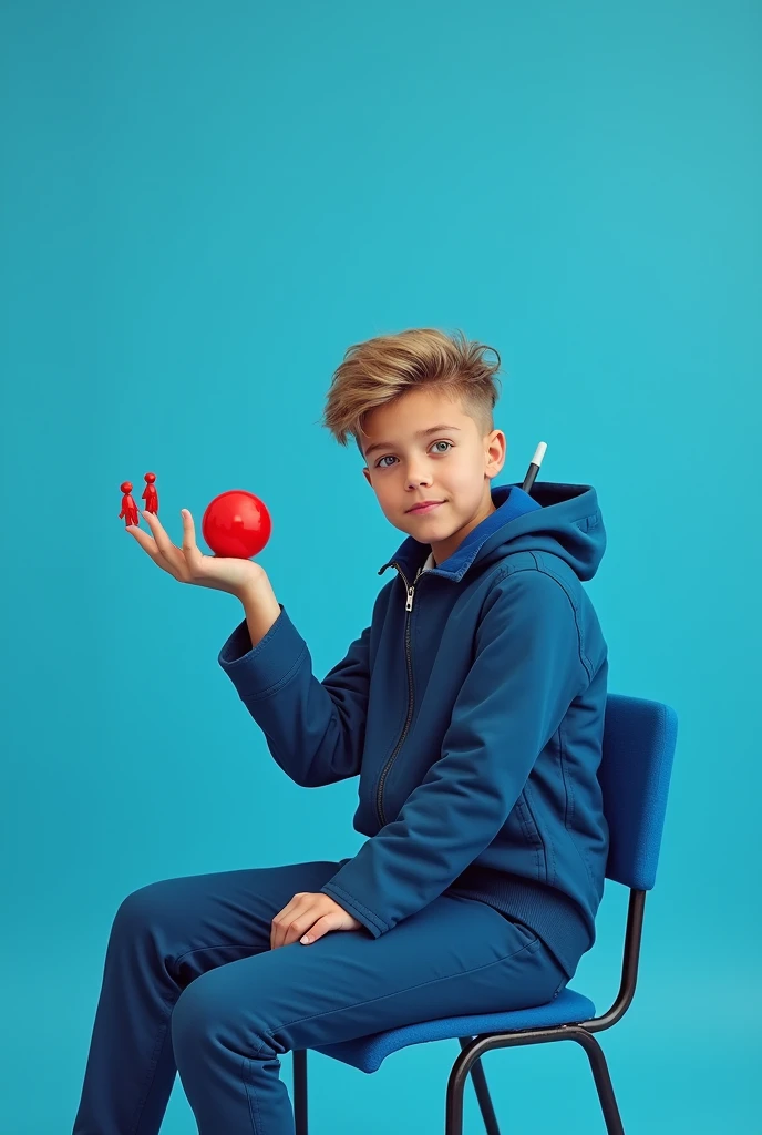 18 age Cut to blue chair sitting on right leg left leg blue coat white pen
The right hand holds a red ball
Looking at the camera, straight ahead
After full pants
Red guys will be on one finger of the left hand