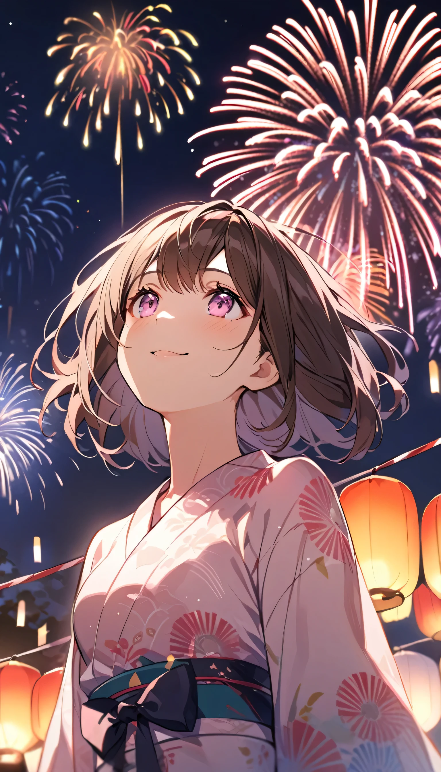 good looking, alone, 1 female, Medium Hair, Dark brown hair, Pink highlights on the tip, Pale pink eyes,Smile Facial,yukata,Fireworks in the night sky,festival,Looking up at the fireworks with a smile