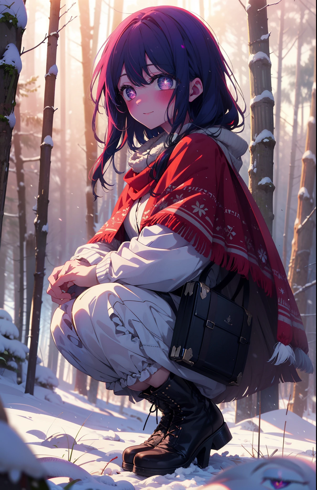 aihoshino, Ai Hoshino, Long Hair, bangs, (Purple eyes:1.1), Purple Hair, (Symbol-shaped pupil:1.5), smile,,smile,blush,white breath,
Open your mouth,snow,Ground bonfire, Outdoor, boots, snowing, From the side, wood, suitcase, Cape, Blurred, , forest, White handbag, nature,  Squat, Mouth closed, Cape, winter, Written boundary depth, Black shoes, red Cape break looking at viewer, Upper Body, whole body, break Outdoor, forest, nature, break (masterpiece:1.2), Highest quality, High resolution, unity 8k wallpaper, (shape:0.8), (Beautiful and beautiful eyes:1.6), Highly detailed face, Perfect lighting, Highly detailed CG, (Perfect hands, Perfect Anatomy),