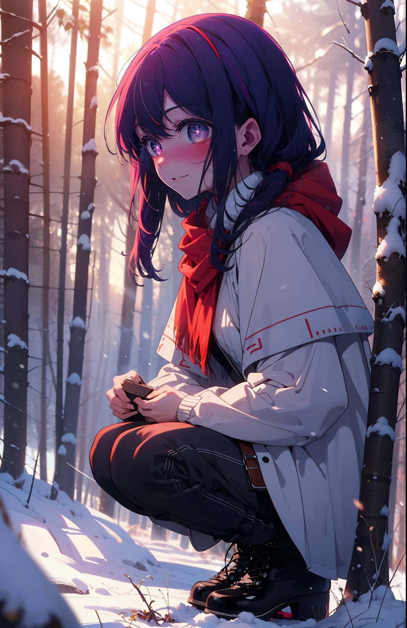 aihoshino, Ai Hoshino, Long Hair, bangs, (Purple eyes:1.1), Purple Hair, (Symbol-shaped pupil:1.5), smile,,smile,blush,white breath,
Open your mouth,snow,Ground bonfire, Outdoor, boots, snowing, From the side, wood, suitcase, Cape, Blurred, , forest, White handbag, nature,  Squat, Mouth closed, Cape, winter, Written boundary depth, Black shoes, red Cape break looking at viewer, Upper Body, whole body, break Outdoor, forest, nature, break (masterpiece:1.2), Highest quality, High resolution, unity 8k wallpaper, (shape:0.8), (Beautiful and beautiful eyes:1.6), Highly detailed face, Perfect lighting, Extremely detailed CG, (Perfect hands, Perfect Anatomy),