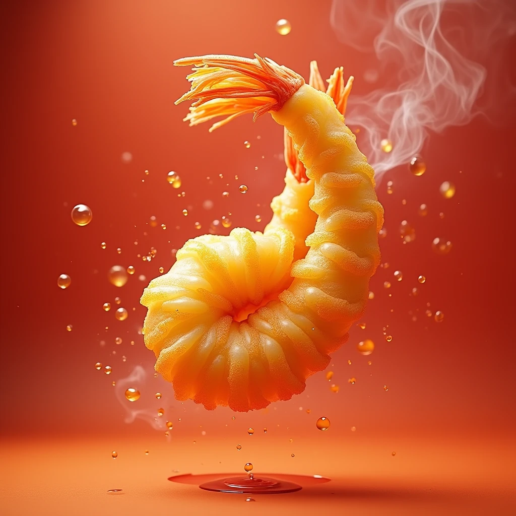 Japanese tempura advertisement，A dynamic effect of a fried shrimp tempura falling，Dynamic and bright colors