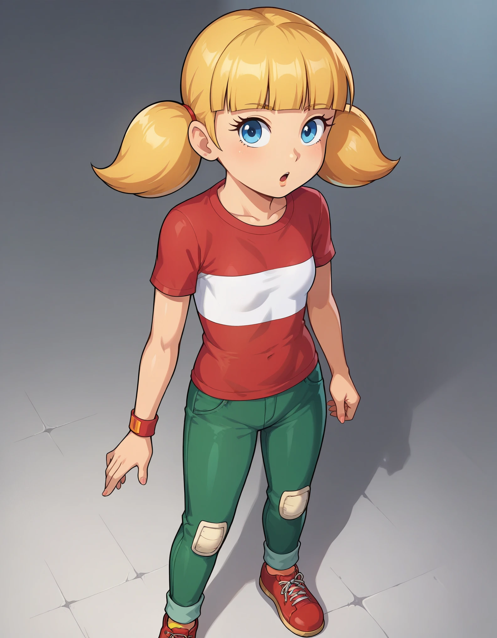 solo, 1girl, penny_ig, blonde hair, twintails, blue eyes, red shirt, stripe, pants, knee patch,