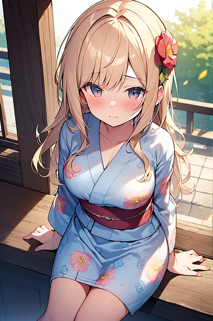 (Masterpiece, Top quality:1.5), nsfw, (from front, from above:1.2), 1 beautiful girl, solo, sitting, Blonde, medium Hair, wavy Hair, asymmetry bangs, swept bangs, airy hair, (medium breasts:1.1), 16 year old, (flower printed yukata :1.3), shy:1.1, (blush:1.4), beautiful scene of outdoor, beautiful scene of narrow alley, magnificent panorama view, blurry background, firework