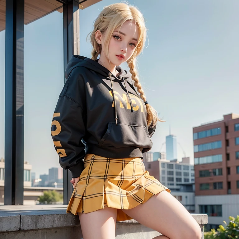 girl. Blonde hair in short braids. Cropped hoodie in yellow. red checkered mini skirt. knee socks.sweet. happy