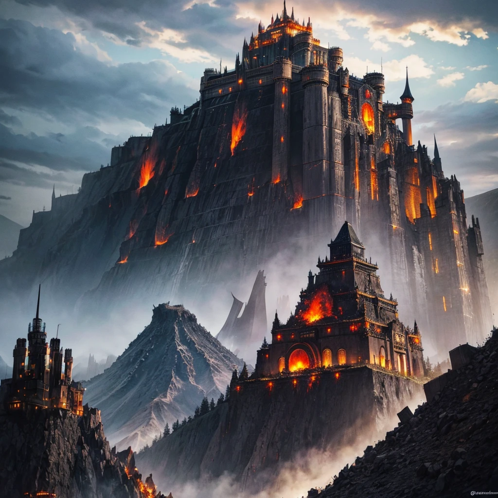 Large castle made of black metal with dieselpunk style and with a combined style of Japanese and German located on a volcano and around the volcano there is a view of a black city with dieselpunk style where royalty is located and with a background of volcanic magma land
