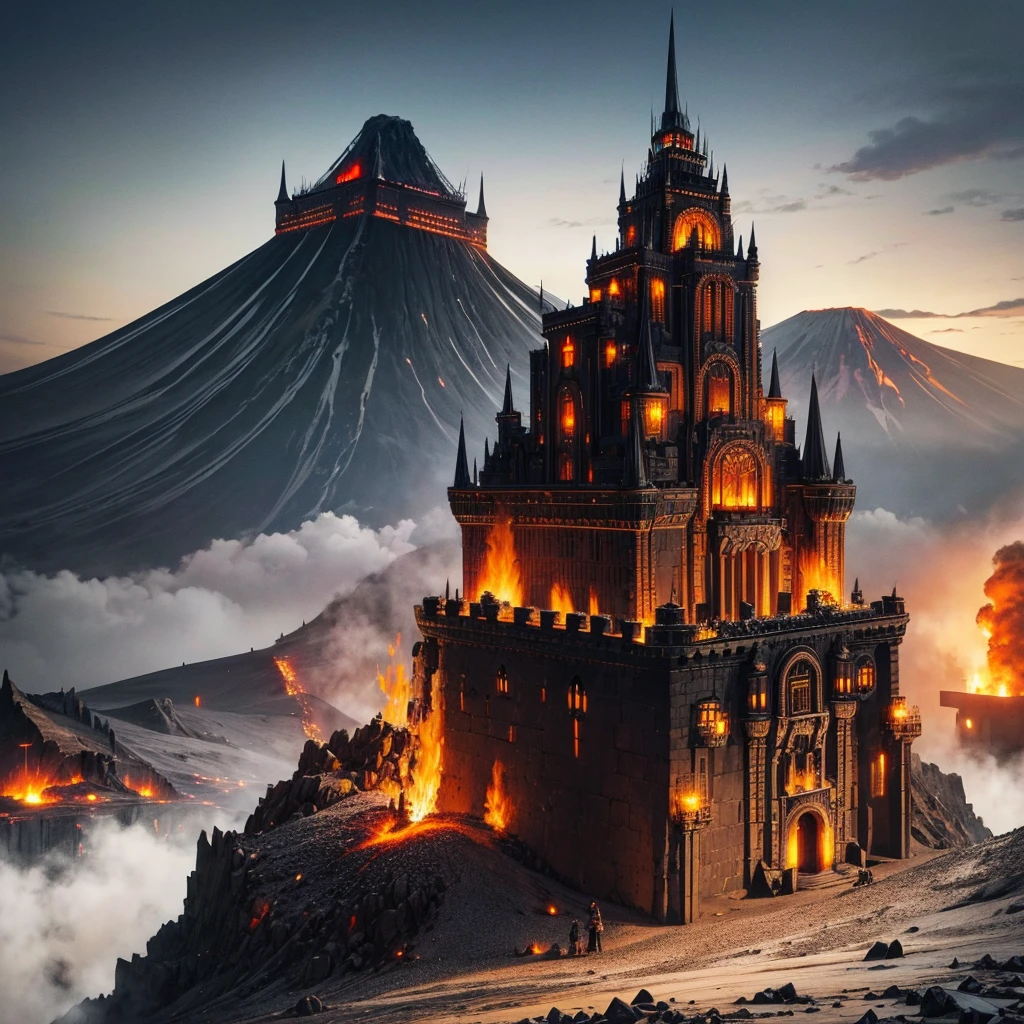 Large castle made of black metal with dieselpunk style and with a combined style of Japanese and German located on a volcano and around the volcano there is a view of a black city with dieselpunk style where royalty is located and with a background of volcanic magma land