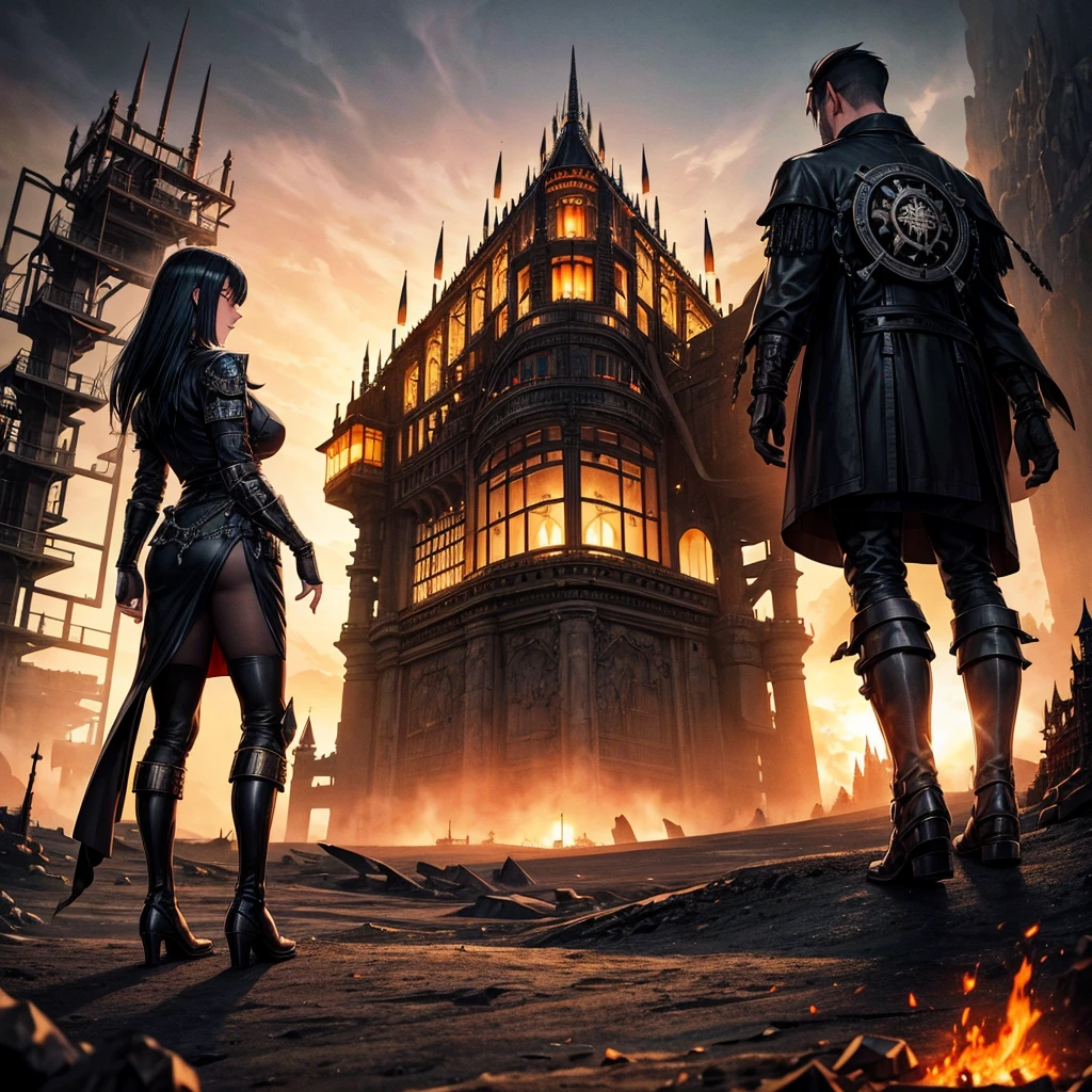 Large castle made of black metal with dieselpunk style and with a combined style of Japanese and German located on a volcano and around the volcano there is a view of a black city with dieselpunk style where royalty is located and with a background of volcanic magma land